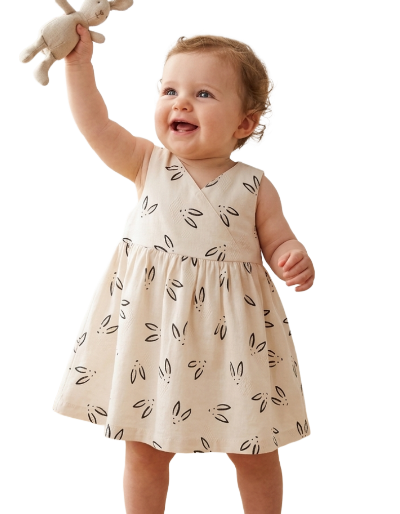 Baby Sleeveless Printed Linen Dress in Bunnies on the Ecru