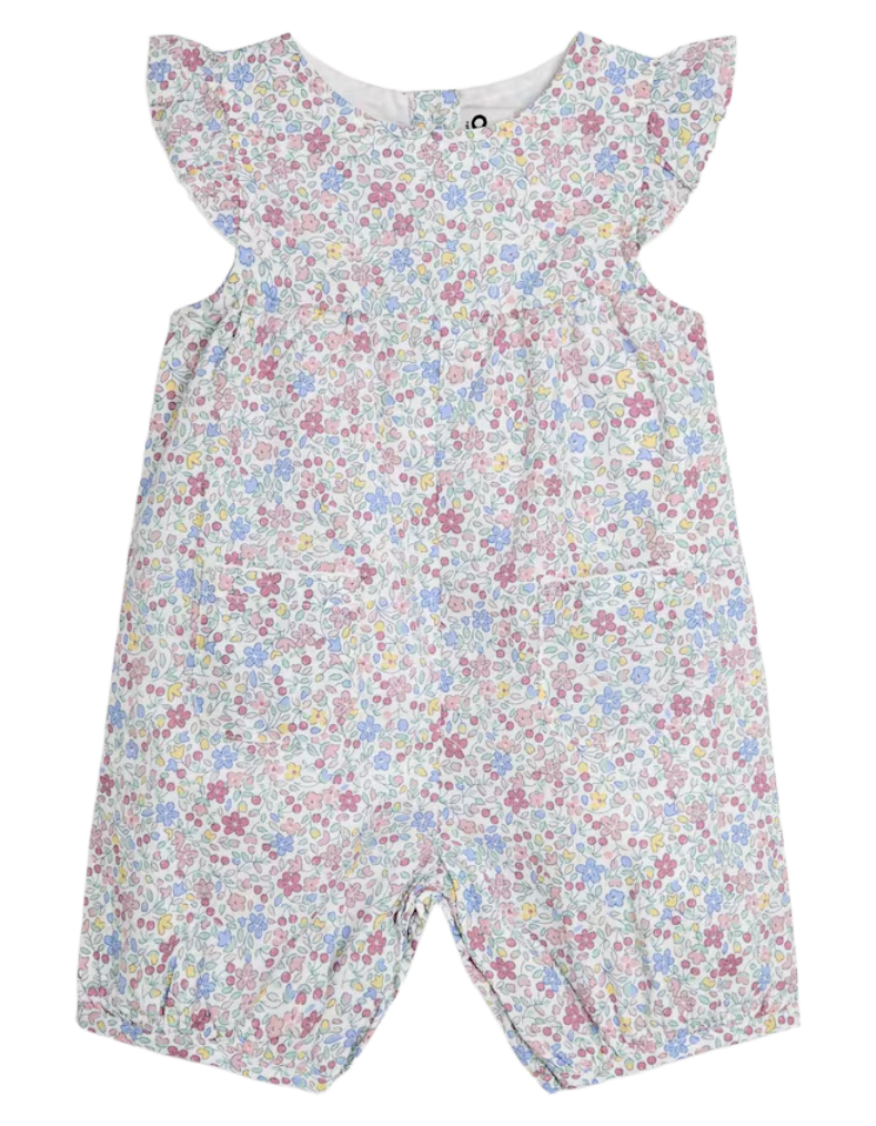 Jojo Maman Baby Ditsy Floral Print Pretty Ruffle Shoulder Sunsuit in Cherry Pink