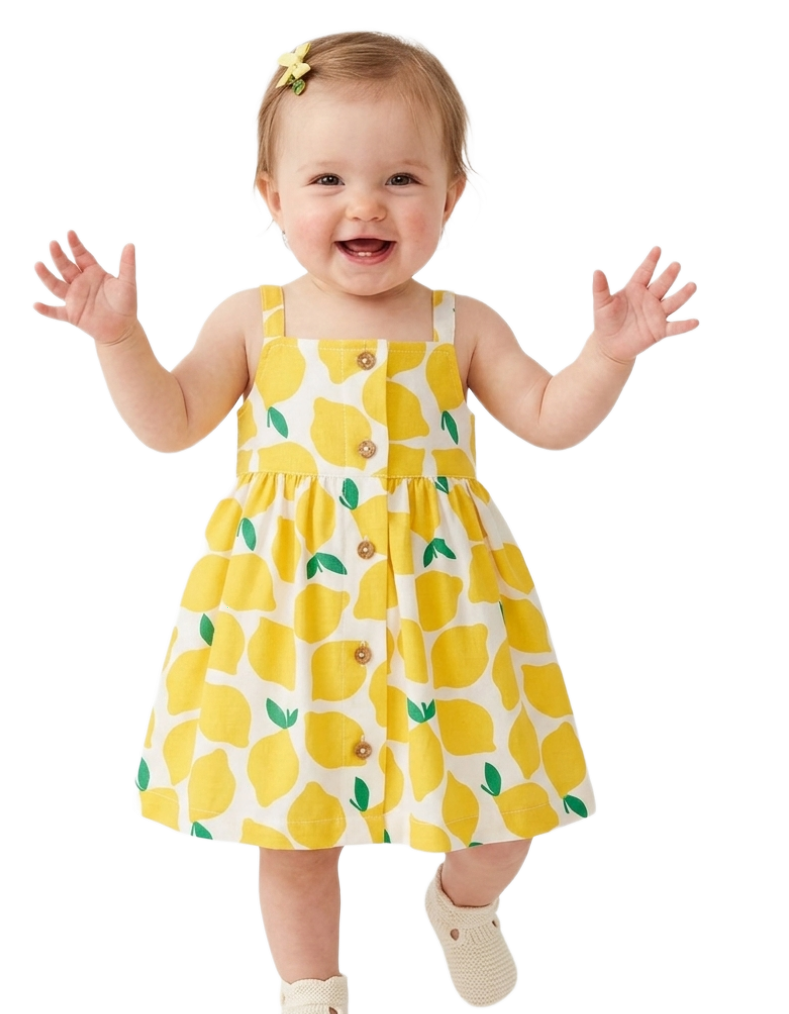 Baby Summer Woven Dress in Printed Lemons on White