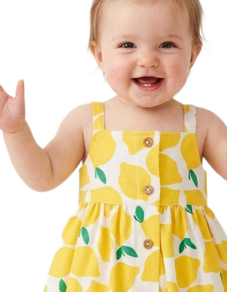 Baby Summer Woven Dress in Printed Lemons on White