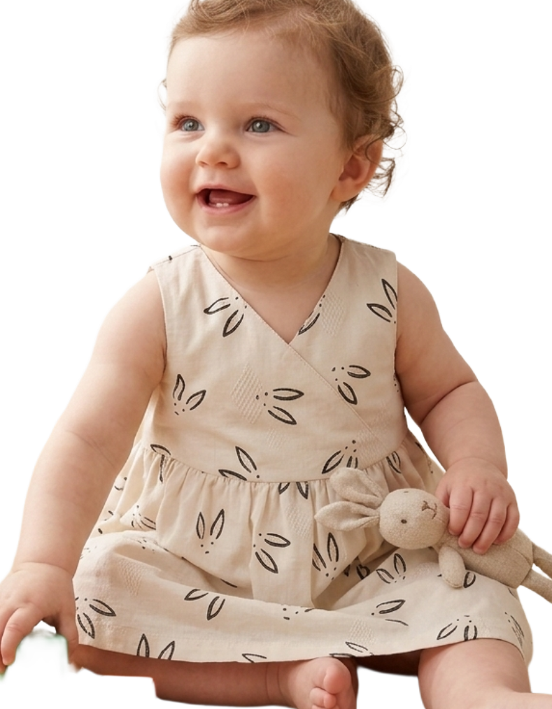 Baby Sleeveless Printed Linen Dress in Bunnies on the Ecru