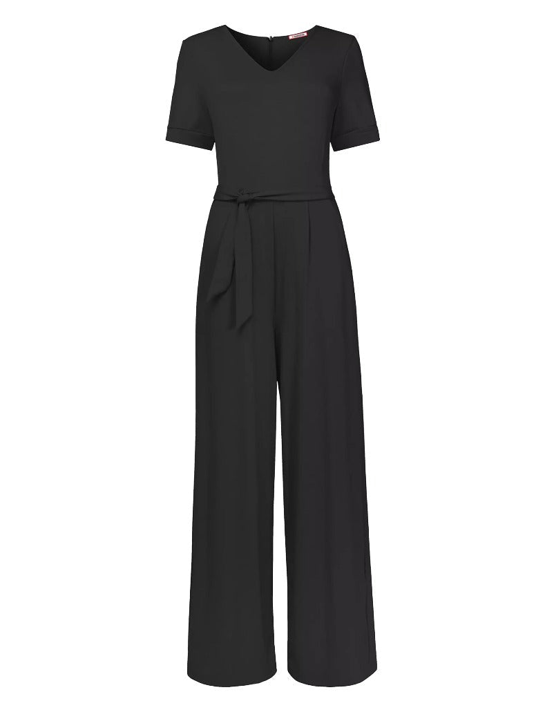 Women's Short Sleeve Jersey Wide Leg Jumpsuit in Black