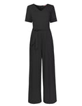 Women's Short Sleeve Jersey Wide Leg Jumpsuit in Black
