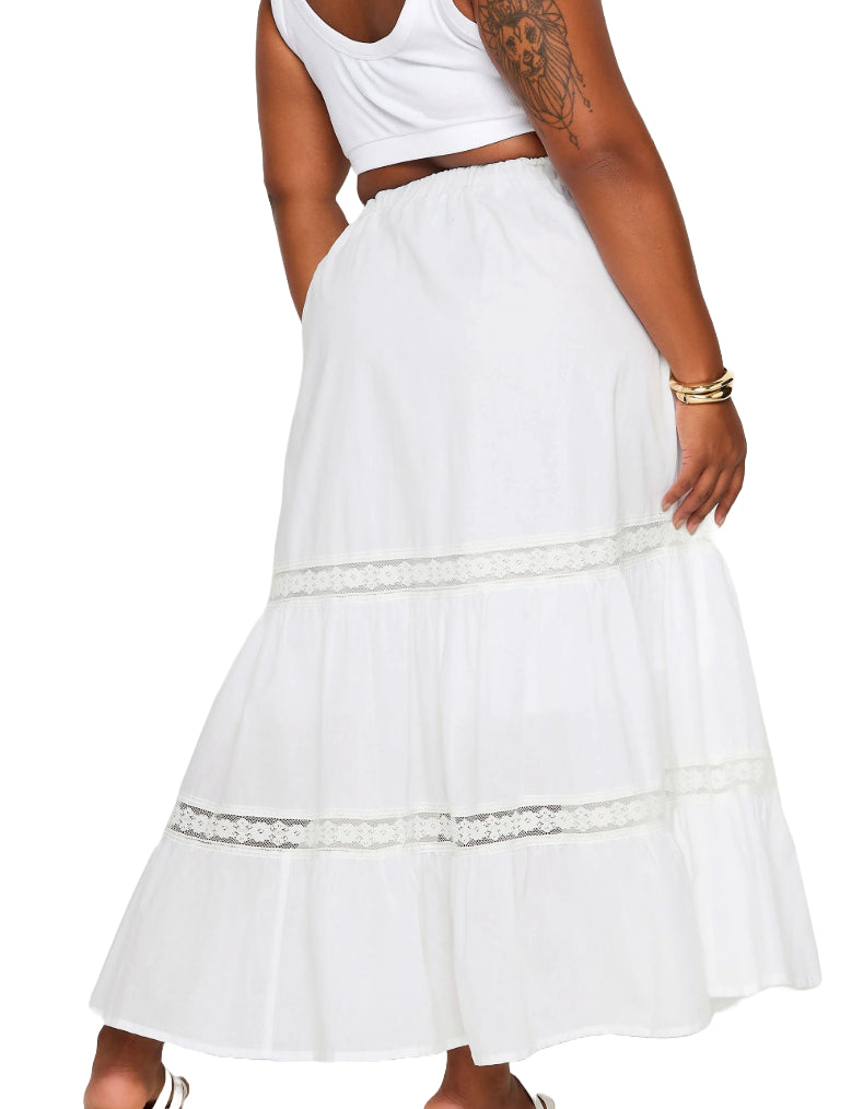 Women's Curve Tiered Lace Cotton Maxi Skirt in White (Imperfect)
