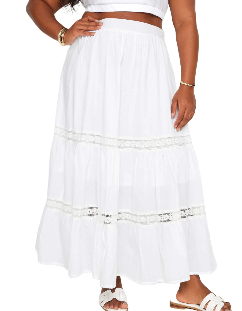 Women's Curve Tiered Lace Cotton Maxi Skirt in White (Imperfect)