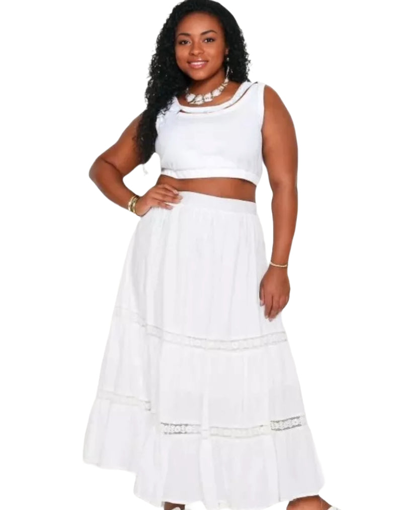 Women's Curve Tiered Lace Cotton Maxi Skirt in White (Imperfect)