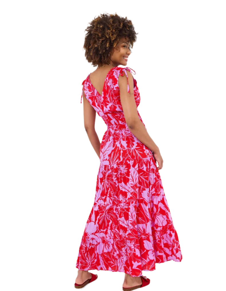 Women's Sleeveless Floral Print Collette Tie Shoulder Cotton Maxi Dress in Pink