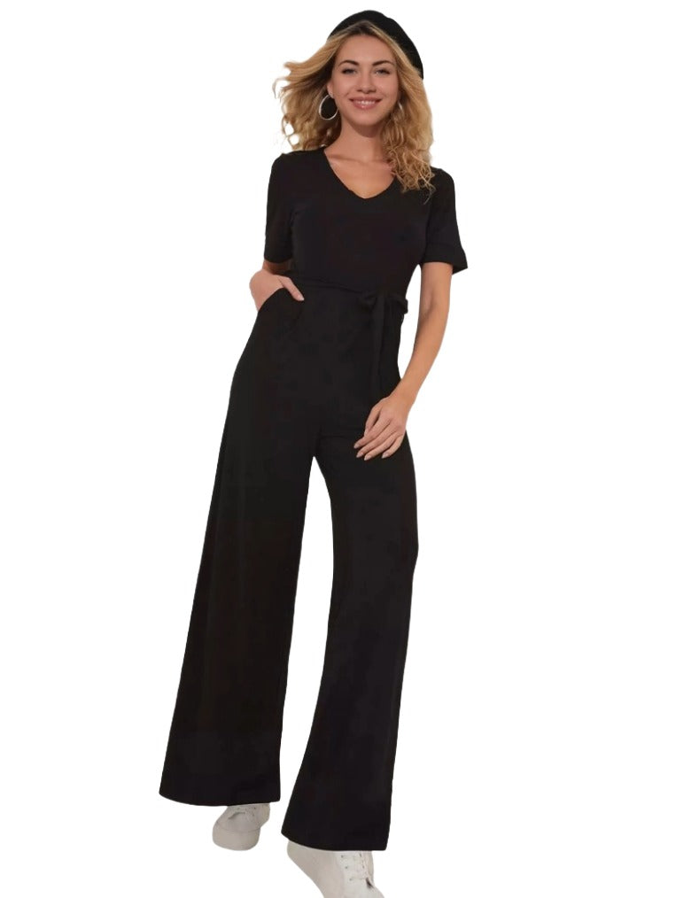 Women's Short Sleeve Jersey Wide Leg Jumpsuit in Black