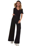 Women's Short Sleeve Jersey Wide Leg Jumpsuit in Black
