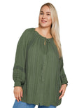 Women's Curve Crinkle Tie Neck Blouse in Khaki Green (IMPERFECT)