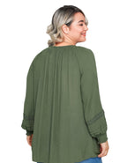 Women's Curve Crinkle Tie Neck Blouse in Khaki Green (IMPERFECT)