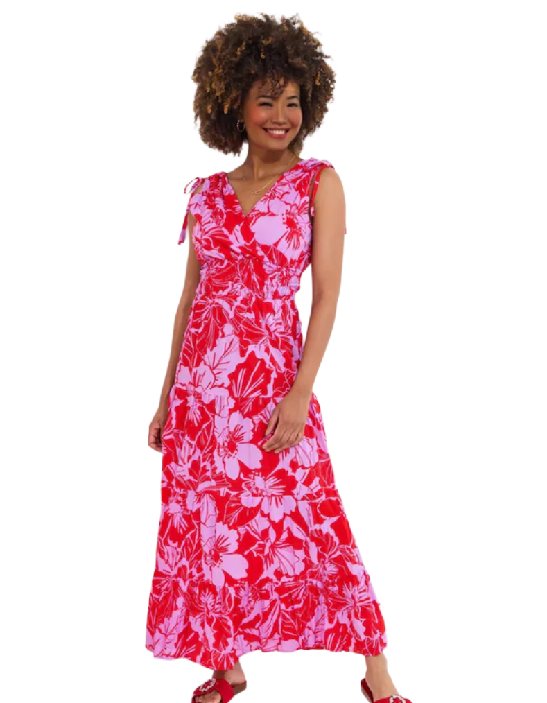Women's Sleeveless Floral Print Collette Tie Shoulder Cotton Maxi Dress in Pink