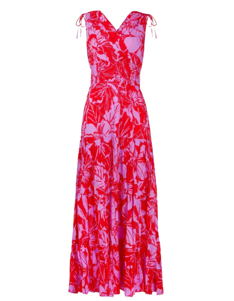 Women's Sleeveless Floral Print Collette Tie Shoulder Cotton Maxi Dress in Pink