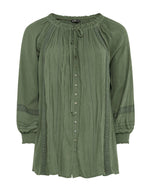 Women's Curve Crinkle Tie Neck Blouse in Khaki Green (IMPERFECT)