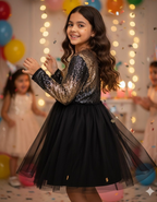 Girl's Festive Sequin Tulle Dress in Black (Imperfect)
