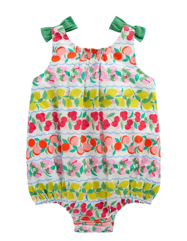 Baby Boden Girls Printed Bubble Romper in Multi Fruit Stripe