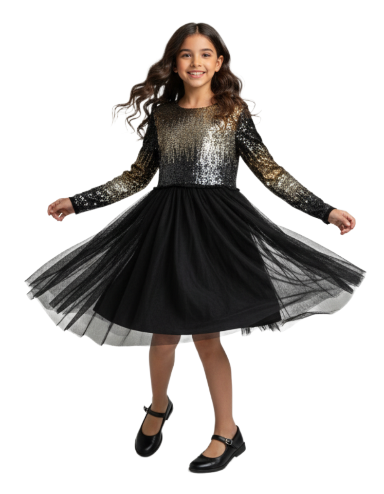 Girl's Festive Sequin Tulle Dress in Black (Imperfect)