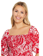 Women's Abstract Floral Print Shirred Maxi Dress in Red (Imperfect)