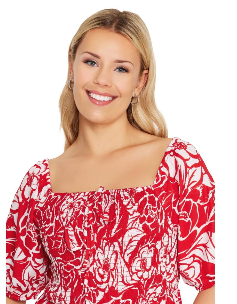 Women's Abstract Floral Print Shirred Maxi Dress in Red (Imperfect)
