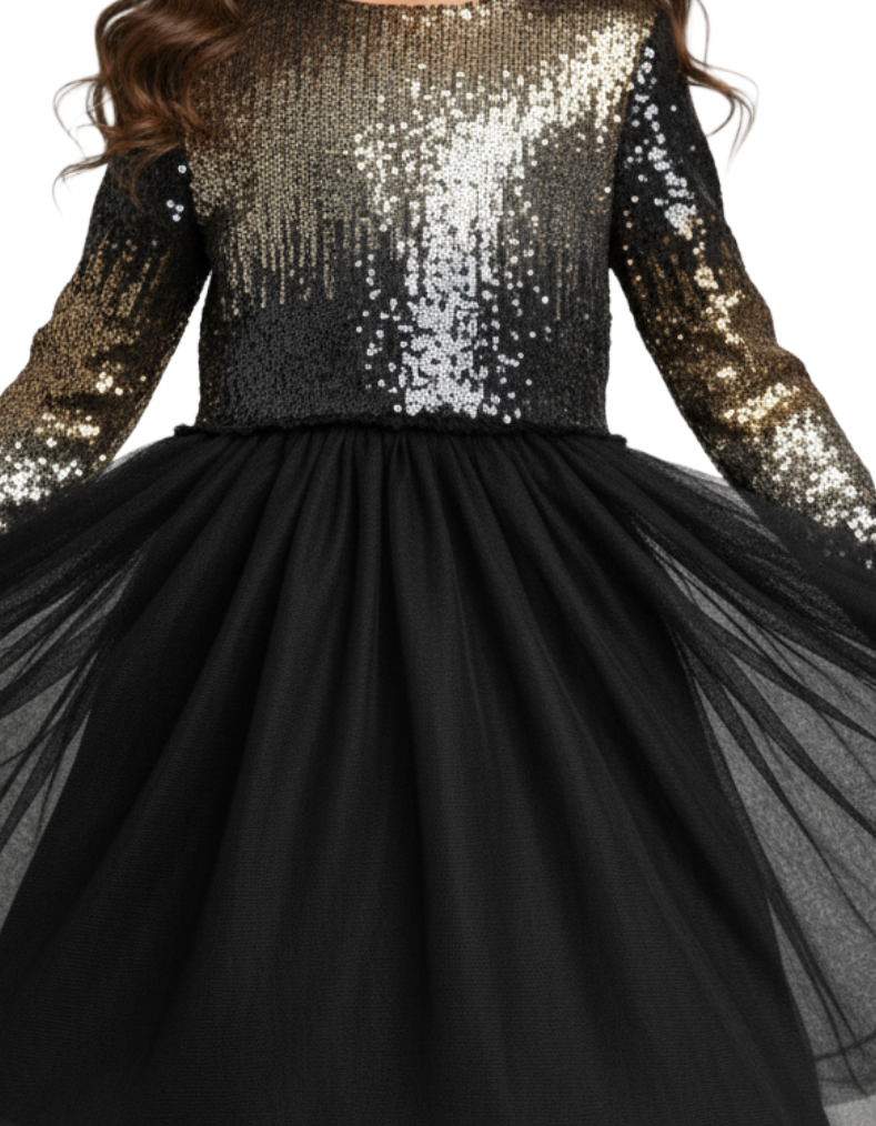Girl's Festive Sequin Tulle Dress in Black (Imperfect)