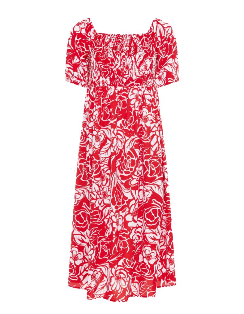 Women's Abstract Floral Print Shirred Maxi Dress in Red (Imperfect)
