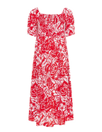 Women's Abstract Floral Print Shirred Maxi Dress in Red (Imperfect)