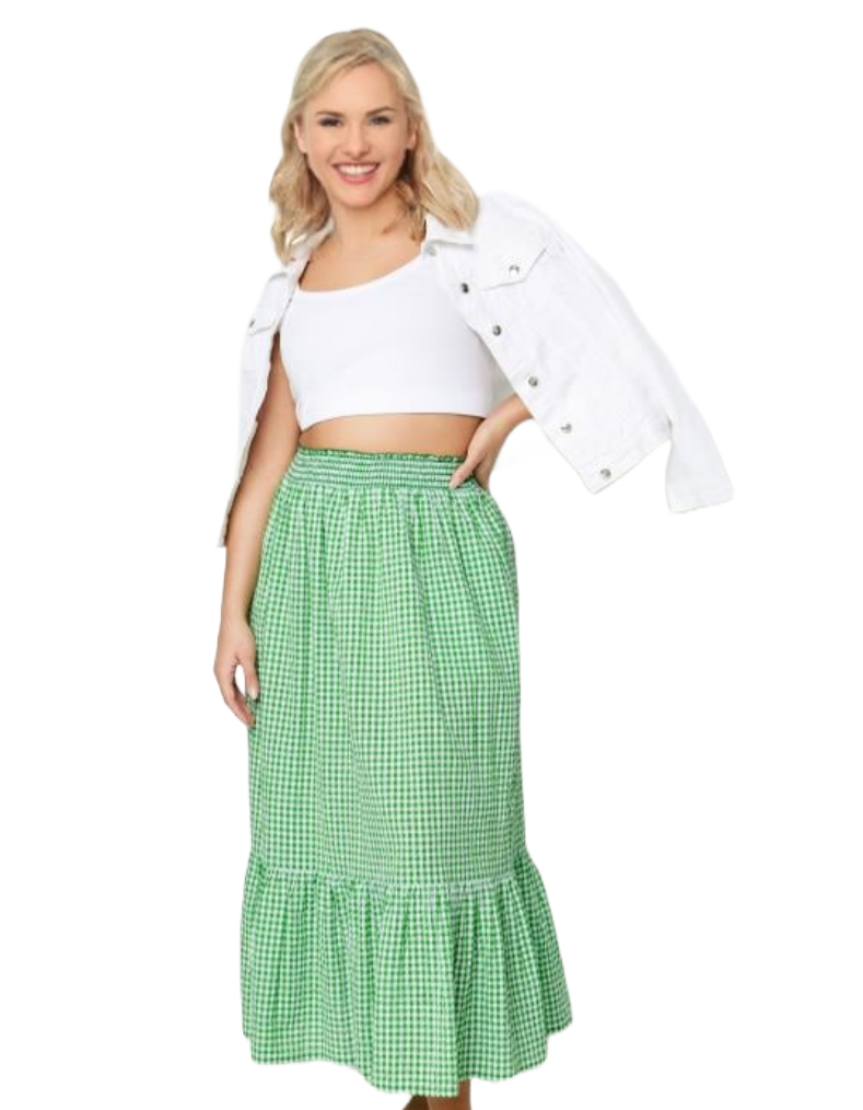 Women's Curve Gingham Tiered Pure Cotton Midi Skirt in Green (IMPERFECT)