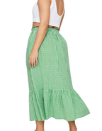 Women's Curve Gingham Tiered Pure Cotton Midi Skirt in Green (IMPERFECT)