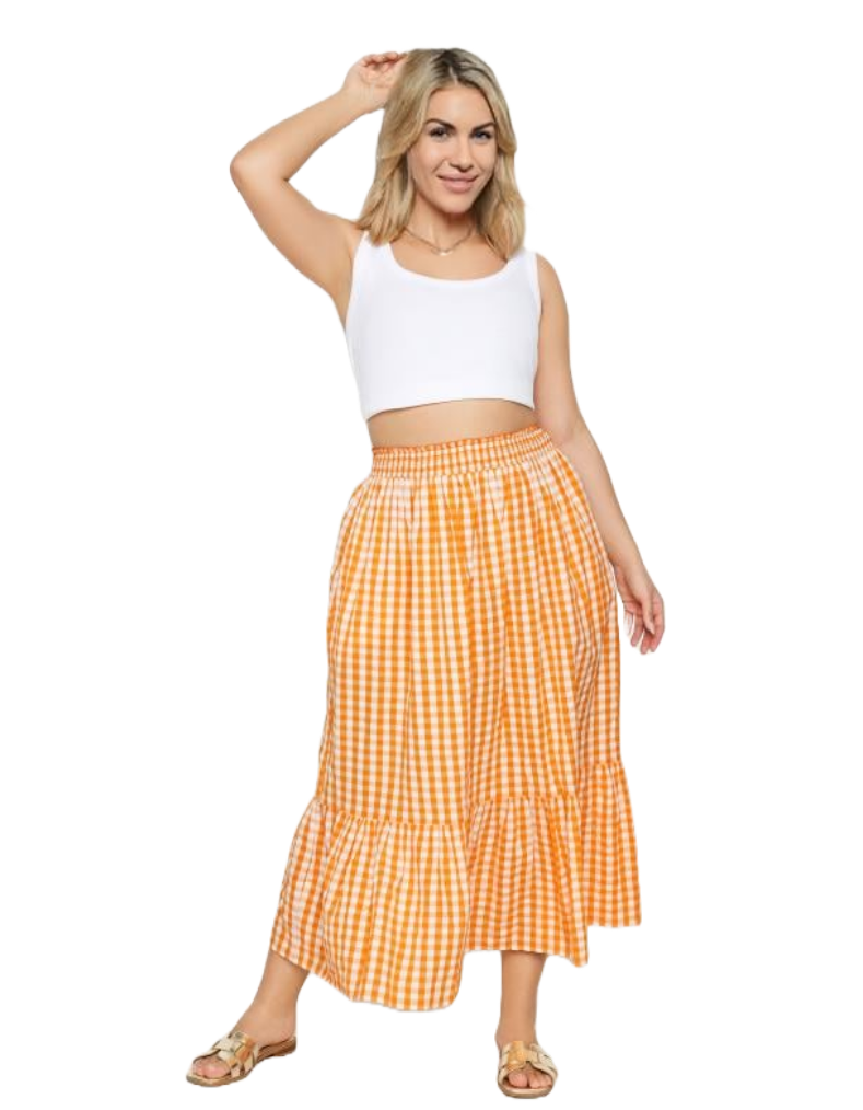 Women's Curve Gingham Tiered Pure Cotton Midi Skirt in Orange (IMPERFECT)
