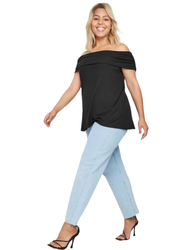 Women's Short Sleeve Curve Bardot Neck Top in Black