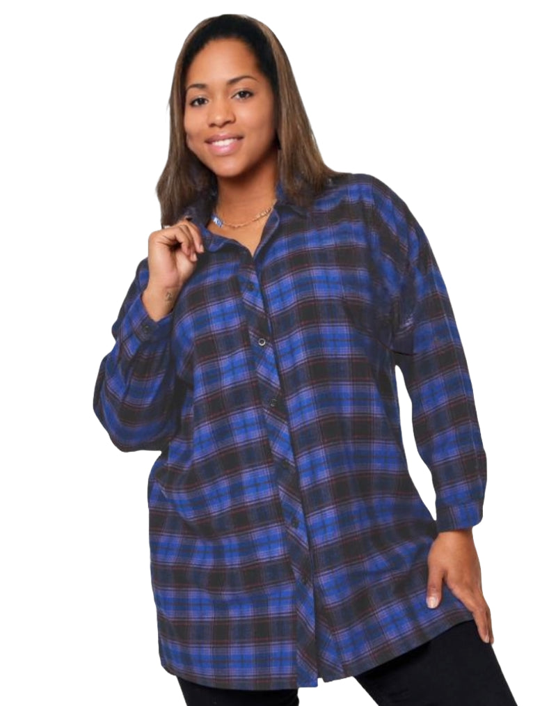 Women's Long Sleeve Check Oversized Shirt in Blue