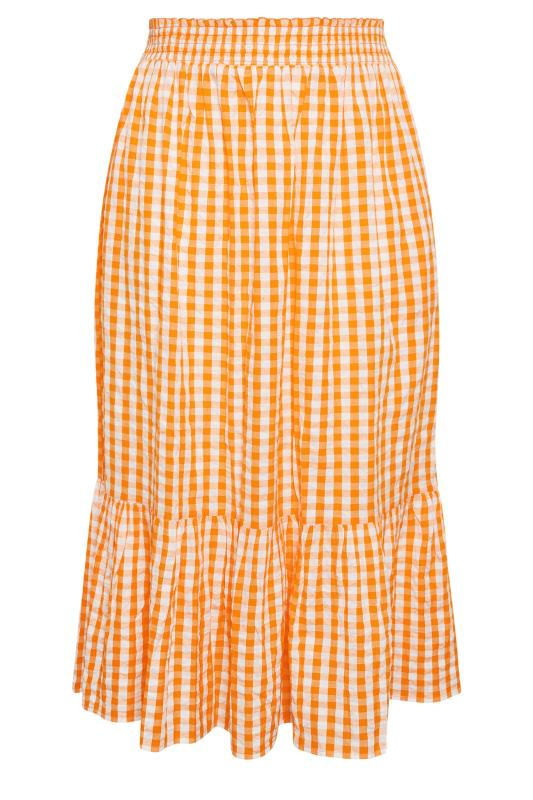 Women's Curve Gingham Tiered Pure Cotton Midi Skirt in Orange (IMPERFECT)