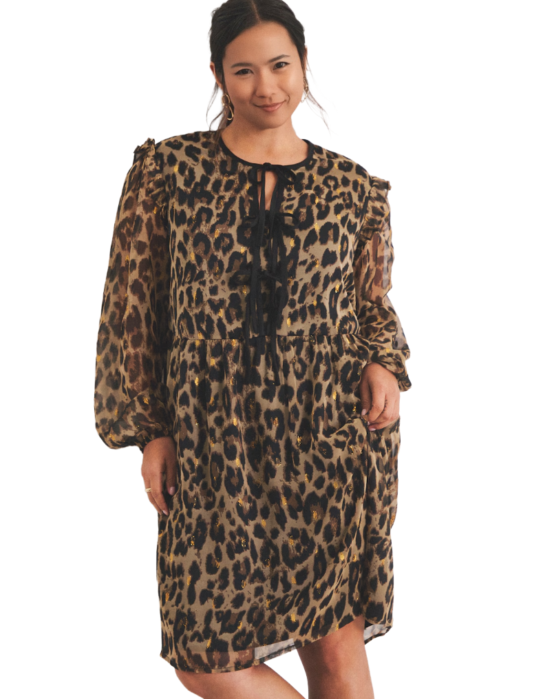 Women's Leopard Lurex Dobby Bow Front Georgette Skater Dress (IMPERFECT)