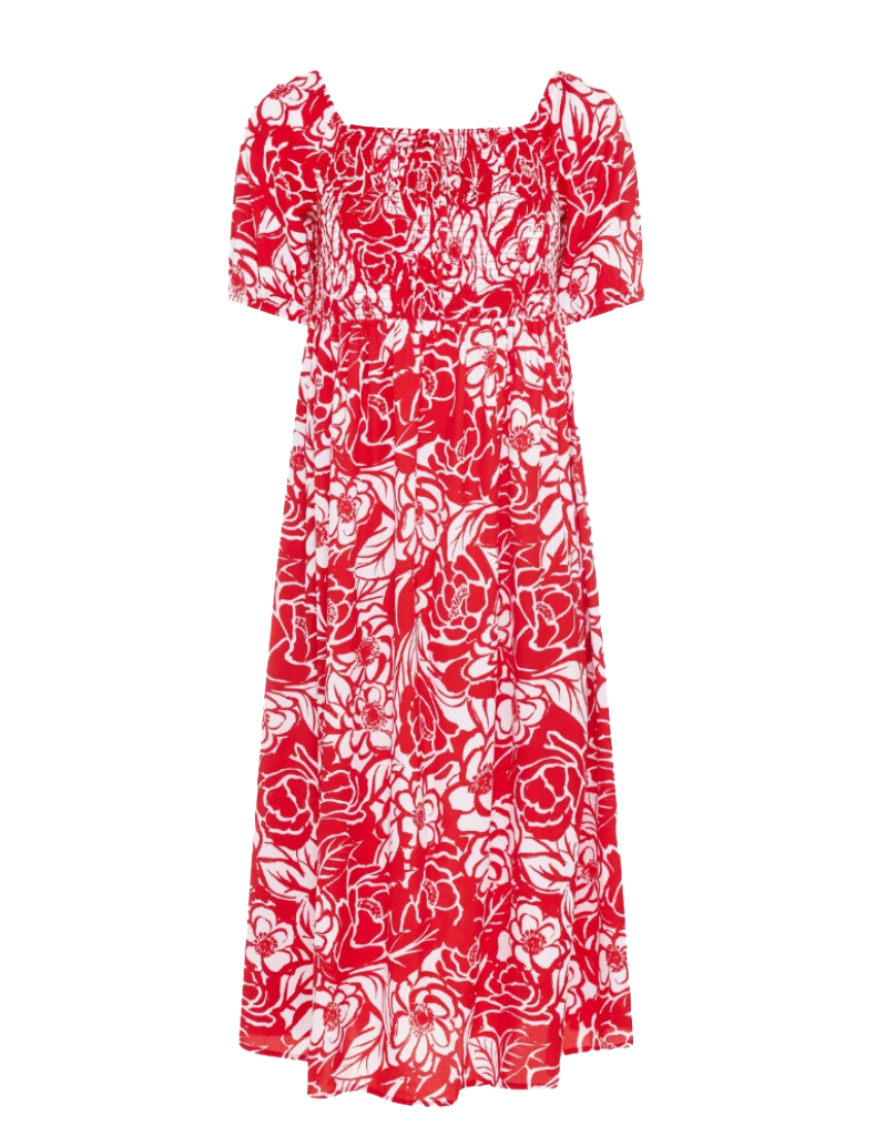 Women's Curve Floral Maxi Dress Shirred Square Neck Plus Size In Red