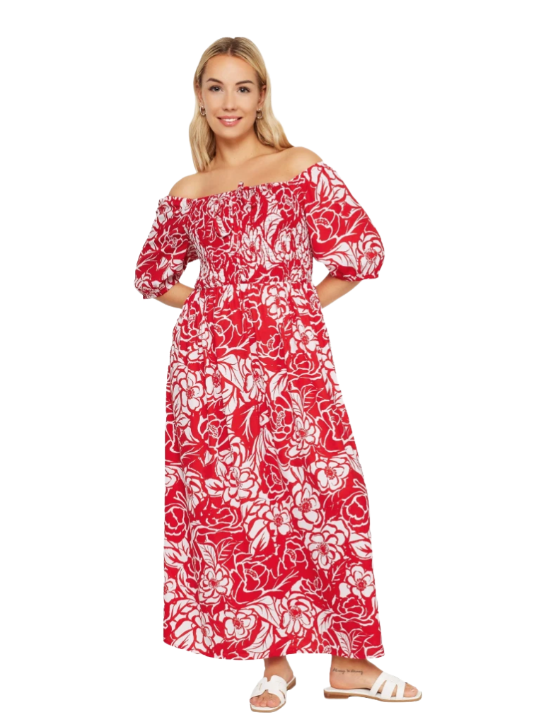 Women's Curve Floral Maxi Dress Shirred Square Neck Plus Size In Red