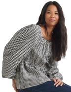 Women's Seersucker Gingham Square Neck Blouse